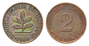 ФРГ 2 пфеннига 1960 D KM 106, J. 381 бронза 4682-1057