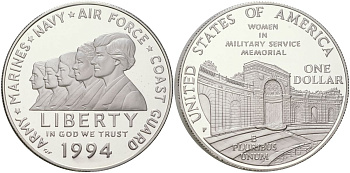 США 1 доллар 1994 P, Мемориал женщинам на военной службе KM 252 серебро PROOF 11-093-15