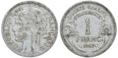 Франция 1 франк 1947 KM 885а.1 алюминий 51-2426