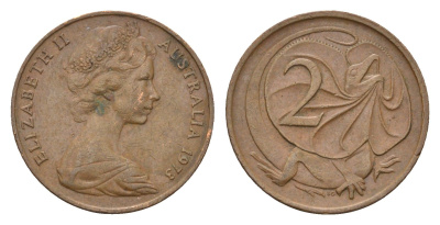 Австралия 2 цента 1973 Елизавета II (1952-2022), плащеносная ящерица KM 63 бронза 4187-1226