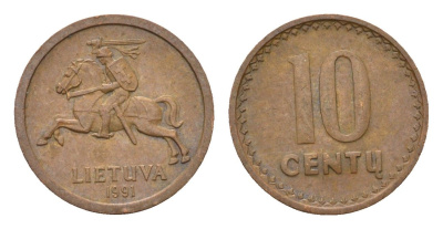 Литва 10 центов (сентов) 1991 год-тип KM 88 бронза 4689-1054