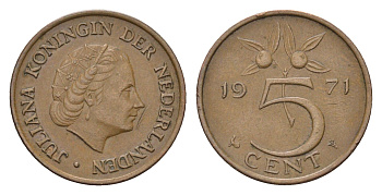 Нидерланды 5 центов 1971 Юлиана (1948-1980) KM 181 бронза 4685-128