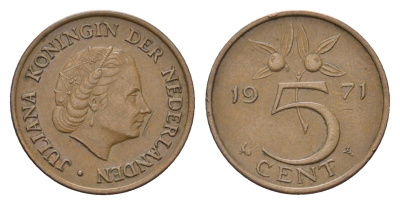 Нидерланды 5 центов 1971 Юлиана (1948-1980) KM 181 бронза 4685-128
