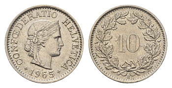 Швейцария 10 раппенов 1965 KM 27 медно-никель 4685-252
