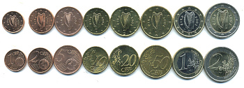 ИРЛАНДИЯ ЕВРОНАБОР ИЗ 8 МОНЕТ 2002-2003 (1, 2, 5, 10, 20, 50 ЕВРОЦЕНТОВ, 1, 2 ЕВРО) KM 32, 33, 34, 35, 36, 37, 38, 39 биметалл UNC N5-50
