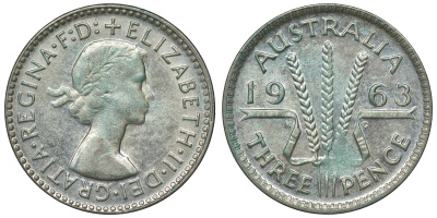 Австралия 3 пенса 1963 m, Елизавета II (1952-2022) KM 57 серебро 71-936