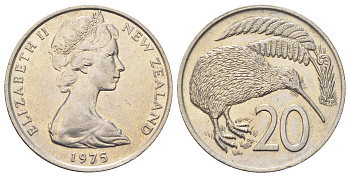Новая Зеландия 20 центов 1975 Елизавета II (1952-2022), птичка киви KM 36 медно-никель 4699-1115