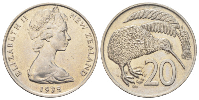 Новая Зеландия 20 центов 1975 Елизавета II (1952-2022), птичка киви KM 36 медно-никель 4699-1115