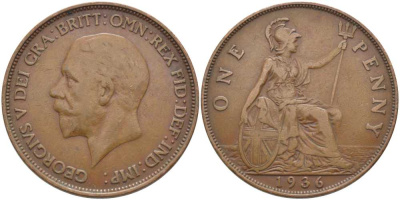 Великобритания 1 пенни 1936 Георг V (1910-1936) KM 838, Spink 4055 бронза 115-314