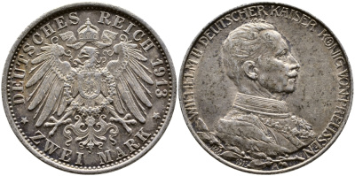 Пруссия 2 марки 1913 A, Вильгельм II (1888-1918), 25 лет правления (мундир) Weege 111, J. 111, KM 533 серебро 91-545