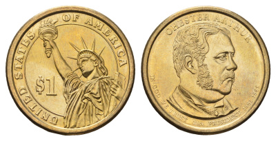 США 1 доллар 2012 D, Президент США - Честер Алан Артур (1881–1885) KM 524 медь с марганцево-латунным покрытием UNC 4698-941