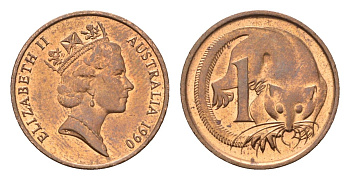 Австралия 1 цент 1990 Елизавета II (1952-2022), опоссум KM 78 бронза UNC 96-728