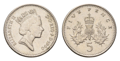 Великобритания 5 пенсов 1990 Елизавета II (1952-2022) KM 937b, Spink 4372 (D4) медно-никель 4685-148