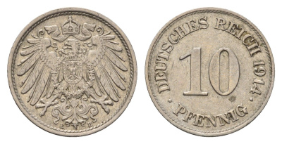 Германия 10 пфеннигов 1914 E, Вильгельм II (1888-1918) KM 12, J. 13 медно-никель 4684-218