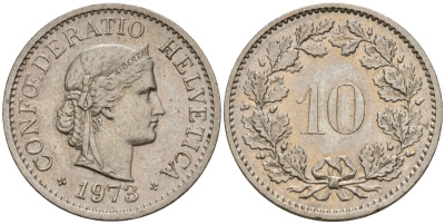 Швейцария 10 раппенов 1973 KM 27 медно-никель 4189-536