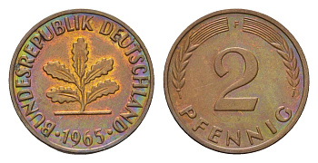 ФРГ 2 пфеннига 1965 F KM 106, J. 381 бронза 4147-1225