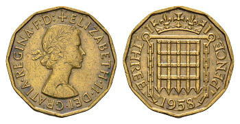 Великобритания 3 пенса 1958 Елизавета II (1952-2022) KM 900, Spink 4153 никель латунь 85-457