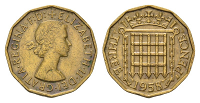 Великобритания 3 пенса 1958 Елизавета II (1952-2022) KM 900, Spink 4153 никель латунь 85-457