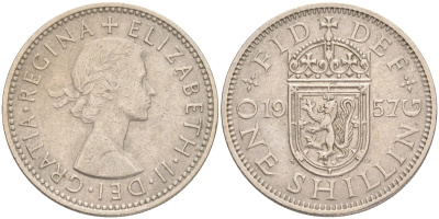 Великобритания 1 шиллинг 1957 Елизавета II (1952-2022), Шотландский герб KM 905, Spink 4148 медно-никель 4556-634