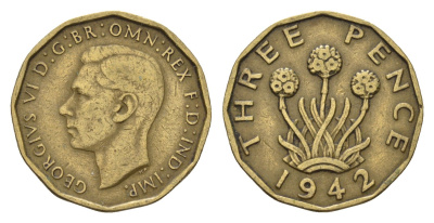 Великобритания 3 пенса 1942 Георг VI (1936-1952) KM 849, Spink 4112 никель латунь 77-125
