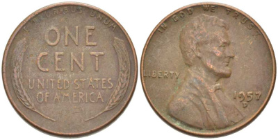 США 1 ЦЕНТ 1957 D, ЛИНКОЛЬН KM А132 медь цинк 218-319
