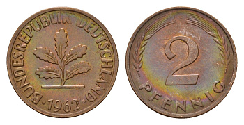 ФРГ 2 пфеннига 1962 F KM 106, J. 381 бронза 4567-917