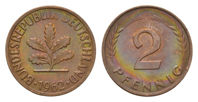 ФРГ 2 пфеннига 1962 F KM 106, J. 381 бронза 4567-917