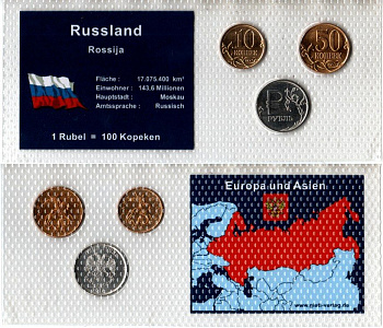 Россия набор из 3 монет (10 и 50 копеек; 1 рубль) 2013 и 2014 в красочной упаковке с информацией о стране Y 602a, 603a и 1512 UNC 5-4-1-104