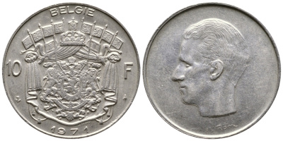Бельгия 10 франков 1971 Belgie, Бодуэн I (1951-1993)  KM 156.1 никель    4364-4147