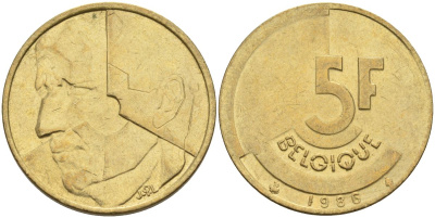 Бельгия 5 франков 1986 Belgique KM 163 алюминиевая бронза 4126-155
