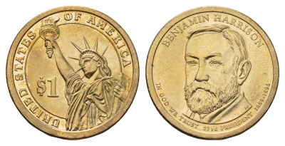 США 1 доллар 2012 P, Президент США - Бенджамин Гаррисон (1889–1893) KM 526 медь с марганцево-латунным покрытием UNC 4698-943