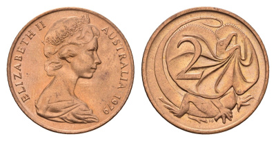 Австралия 2 цента 1979 Елизавета II (1952-2022), плащеносная ящерица (FRILLED LIZARD) KM 63 бронза UNC 181-343