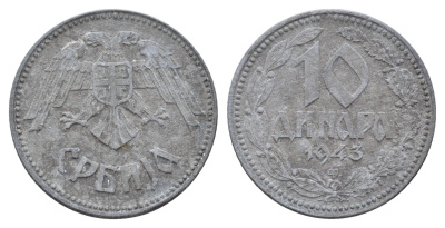 Сербия 10 динаров 1943 год-тип KM 33 цинк 4688-727