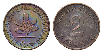 ФРГ 2 пфеннига 1959 G KM 106, J. 381 бронза 4532-222