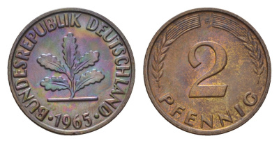 ФРГ 2 пфеннига 1965 F KM 106, J. 381 бронза 214-243
