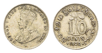 Цейлон 10 центов 1920 B, Георг V (1910-1936) KM 104a серебро 26-764