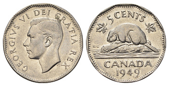 Канада 5 центов 1949 бобр, Георг VI (1936-1952) KM 42 никель 4689-332