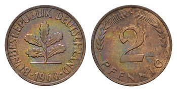 ФРГ 2 пфеннига 1960 F KM 106, J. 381 бронза 100-723