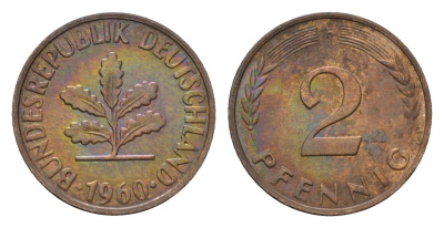 ФРГ 2 пфеннига 1960 F KM 106, J. 381 бронза 100-723