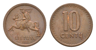 Литва 10 центов (сентов) 1991 год-тип KM 88 бронза 4689-1062