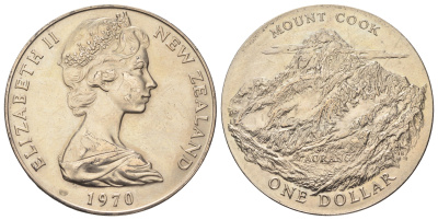 Новая Зеландия 1 доллар 1970 гора Кука KM 42 медно-никель BU 1087-9-64