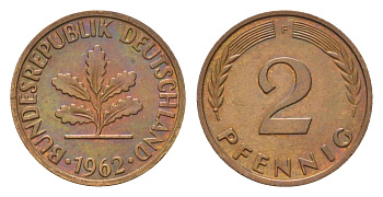 ФРГ 2 пфеннига 1962 F KM 106, J. 381 бронза 4576-1252