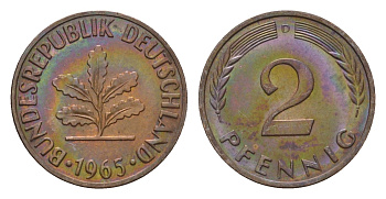 ФРГ 2 пфеннига 1965 D KM 106, J. 381 бронза 4549-655