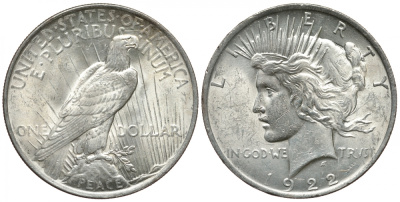 США 1 доллар 1922 доллар мира KM 150 серебро aUNC 272-1442