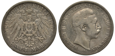 Пруссия 2 марки 1902 A, Вильгельм II (1888-1918) J.102, Weege 101, KM 522 серебро 3711-723