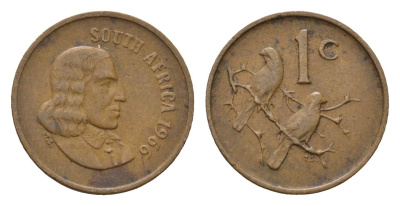 ЮАР 1 цент 1966 Ян ван Рибек (1619-1677), South Africa, легенда на африкаанс, капские воробьи KM 65.1 бронза 4690-1148
