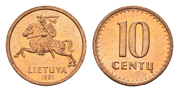 Литва 10 центов (сентов) 1991 год-тип KM 88 бронза UNC 4651-328