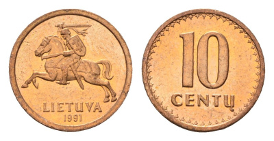 Литва 10 центов (сентов) 1991 год-тип KM 88 бронза UNC 4651-328