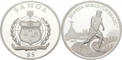 Самоа 5 тала 2013 FIFA, Чемпионат мира по футболу в Бразилии 2014 KM NEW серебро PROOF 11-039-35