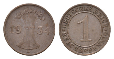 Германия 1 рейхспфенниг 1934 A KM 37, J. 313 бронза 4685-419